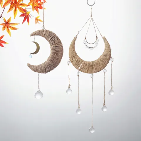 Mond Kristall Sonnenfänger Hängende Dekoration Hanfseil Gewebt Boho Wanddeko Garten Fenster