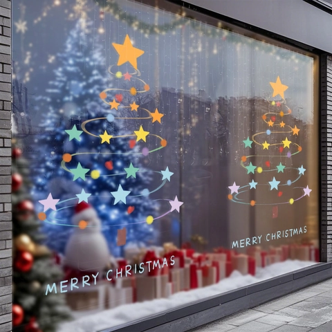 Christmas Tree Window Clings Static PVC Sticker Colorful Star Double Sided Glass Door Decal Holiday Shop Decor