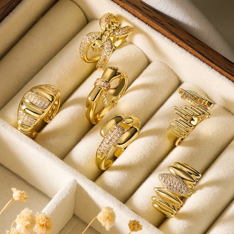 Anillo Abierto Geométrico Cobre Chapado En Oro 18K Circón Minimalista Ajustable Joyería De Moda Para Mujeres