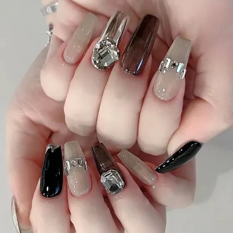 Handgemaakte Press On Nagels Lange Doodskist Donkere Spiegel Zwart Chroom Rijnsteen Boog Glitter Glanzend Luxe Punk Stijl Vrouwen