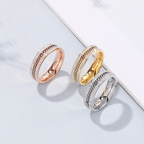 Anillo De Acero Inoxidable Para Mujer Diseño Eslabones Cubanos Doble Fila Circonita Joyería Moda