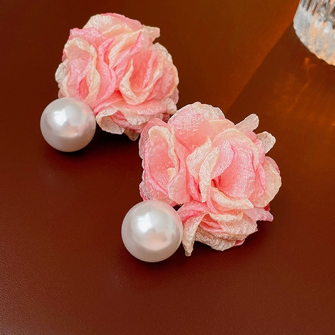 Pink Flower Drop Earrings Fabric Organza With Imitation Artificial Pearl And Silver Earring Post Sweet Romantic Style For Women