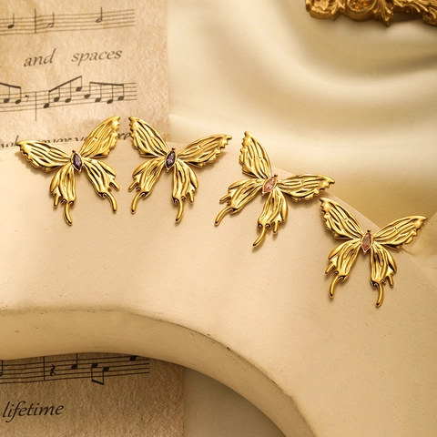 Pendientes de Botón de Acero Inoxidable de Mariposa 3D a la Moda Con Diamantes de Imitación Joyas de Mariposa Chapadas en Oro