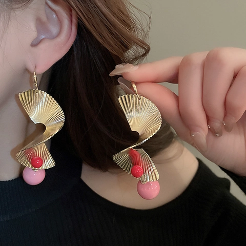 French Retro Spiral Fan Shape Copper Drop Earrings With Colorful Beads Exaggerated Artistic Geometric Jewelry For Women