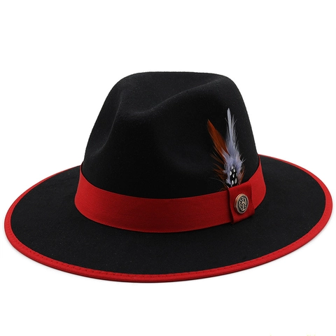 Chapeau Fedora Vintage Feutre De Laine Large Bord Jazz Cap Avec Plume Et Badge Ancre Métallique Unisexe Party Style Britannique