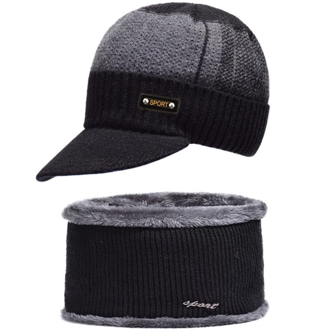 Winter Gebreide Muts En Nekwarmer Voor Heren Dikke Fleece Voering Warm Buiten Vizier Pet Sportief Effen Kleur