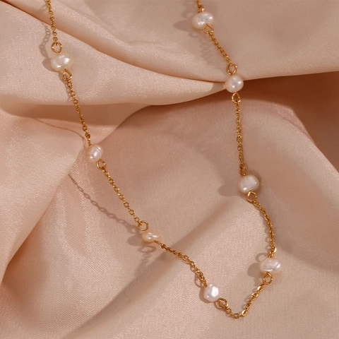Collar de Perlas de Agua Dulce de Acero Inoxidable Elegante Joyería de Cadena de Oro Chapado para Mujer Diario Regalo