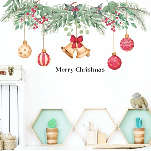 Kerst Muurstickers Merry Christmas PVC Sticker Met Bellen Bessen Dennenetje Raam Glas Vakantie Huis Decoratie