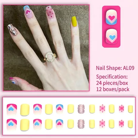 Unghie Finte A Pressione Con Cuore Glitter Medio Lunghe Rimovibili Con Colla Pois Luccicanti Manicure Dolce