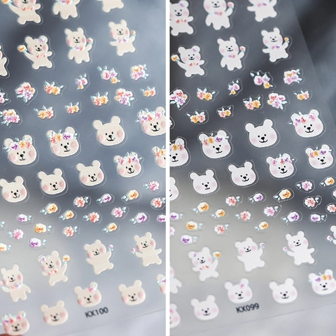 Autocollants De Nail Art Ours Dessin Animé Floral Ultra Minces Auto Adhésifs Gaufré Décoration De Manucure Style Mignon