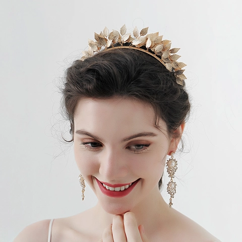 Brautkrone Haarreif Handgefertigter Goldener Legierung Blatt Barock Wald Stil Hochzeit Haarschmuck Für Frauen