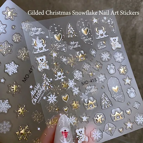 Autocollants Ongles Noël Relief 3D Marquage À Chaud Or Blanc Flocons De Neige Père Noël Renne Design Décoration Vacances Pour Femmes
