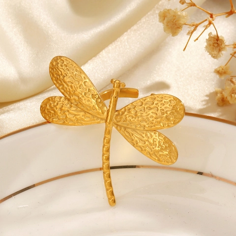Dragonfly Ring Stainless Steel Textured Wing Animal Shape Minimalist Fashion Jewelry For Women