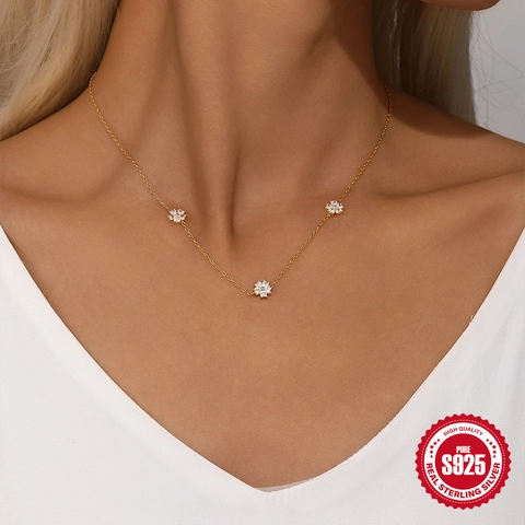 Gänseblümchen Halskette 925 Sterling Silber Vergoldet Mit Zirkonia Herz Blütenblatt Schlüsselbeinkette Für Damen Eleganter Schmuck