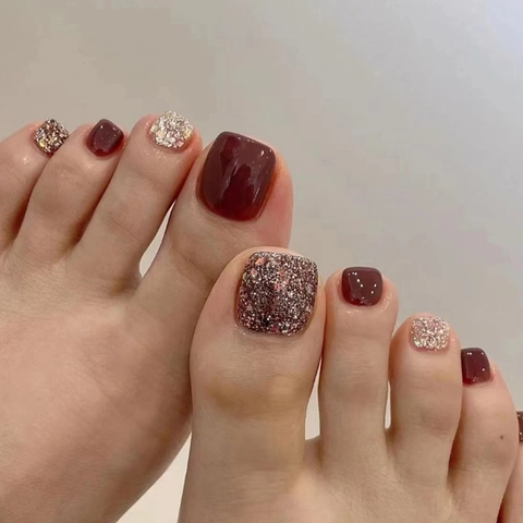 Glossy Wine Red And Glitter Press On Toenails Short Square Fashion Artificial Foot Nails