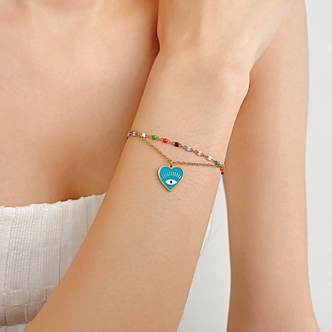 Double Layer Gold Titanium Steel Evil Eye Heart Pendant Bracelet For Women Multicolor Bead Enamel Boho Jewelry Gift