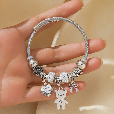 Alloy Charm Armband Silberfarbe Gedrehtes Kabel Mit Bär Herz Bogen Anhänger Rheinsteine Modeschmuck Für Damen