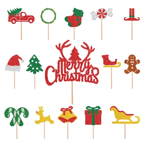 Christmas Cake Toppers Glitter Paper Wood Stick Merry Christmas Reindeer Tree Party Dessert Table Decorations Accessory
