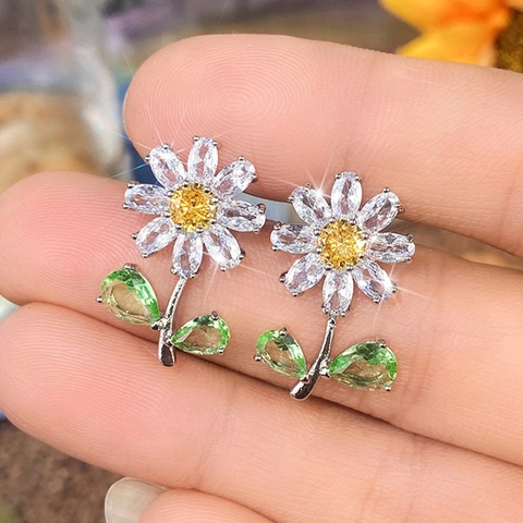 Daisy Sunflower Flower Stud Earrings Copper With Cubic Zirconia Inlay Sweet Fresh Floral Style Women Accessories