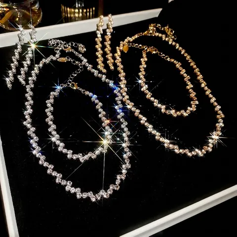 Collezione Gioielli Rame Collana Bracciale E Orecchini Zircone Strass Onda Zigzag Lusso Elegante Lucido Donne