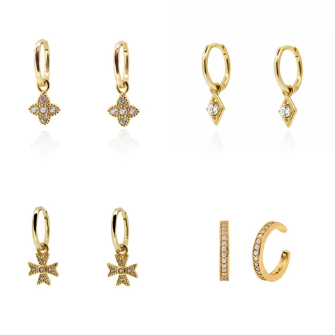 Pendientes De Aro Y Ear Cuffs Geométricos De Cobre Con Circones Micro Pavé Cruz Estrella Trébol Joyería Para Mujer
