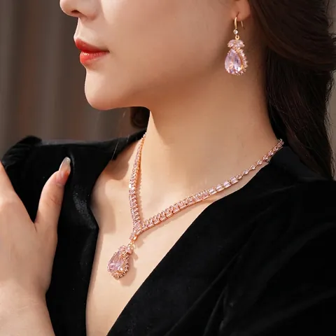 Ensemble De Bijoux Collier Et Boucles D'oreilles En Zircon Poire Goutte D'eau Luxe Cuivre Style Palais Vintage Femmes
