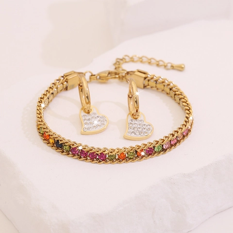 Gioielli In Acciaio Inossidabile Con Bracciale E Orecchini A Cuore Zircone Strass Colorati Regalo Di Moda Per Donne