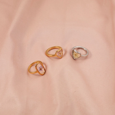 Anillo Cuore Ovale Vero Fiore Secco Resina Placcato Oro 18K Acciaio Inossidabile Gioielli Floreali Vintage Donna