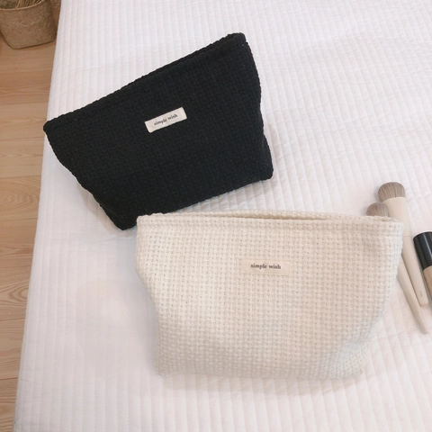 Vintage Woven Plaid Makeup Bag For Women Minimalist Coarse Spun Fabric Clutch Large Capacity Travel Cosmetic Storage Bag
