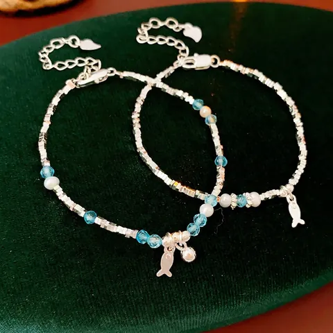 Beaded Bracelet With Imitation Artificial Pearls Blue Crystal And Silver Square Beads Fish Charm Adjustable Simple Elegant For Women
