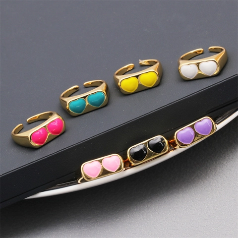 Bague Ouverte Émail Double Cœur Cuivre Plqué Or 18K Ajustable Bijoux Colorés Tendances Cadeau Femmes Filles