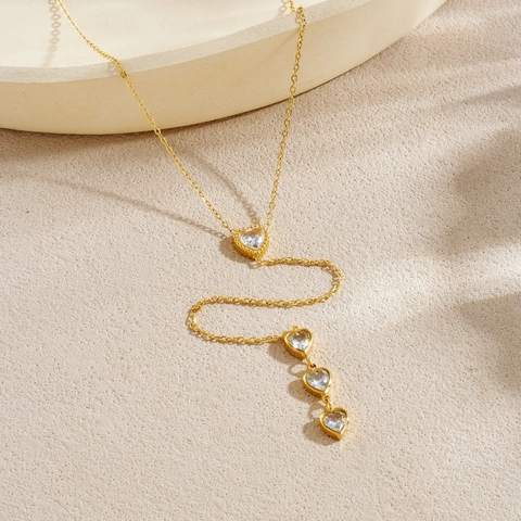 Elegante Collar Lariat En Forma De Y Con Corazón De Zirconia Acero Inoxidable Chapado En Oro Colgante Borla Para Mujeres
