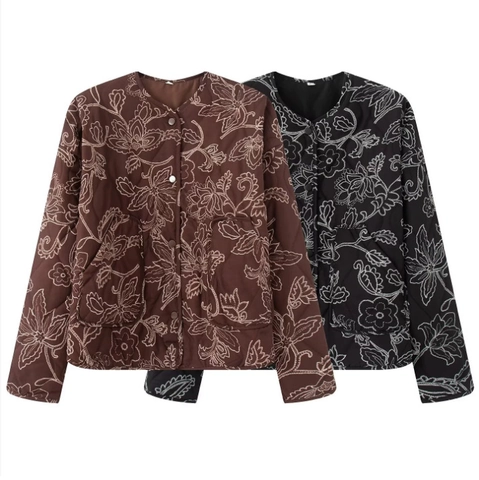 Giacca Trapuntata Vintage Da Donna Con Ricamo Floreale Girocollo Monopetto Maniche Lunghe Cappotto In Poliestere