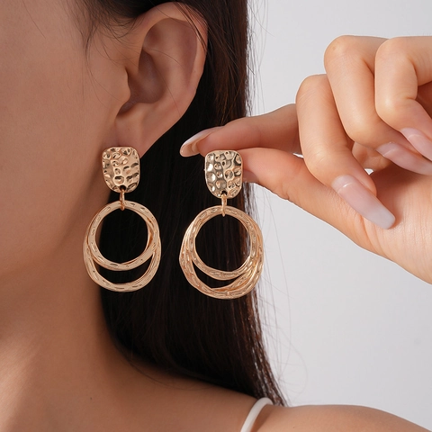 Geometric Hammered Double Layer Circle Drop Earrings Alloy With 925 Sterling Silver Earring Post Vintage For Women