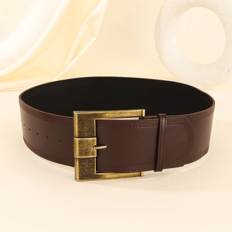 Brede Damestaille Riem Kunstleer Vintage Maillard Stijl Jurk Accessoire Retro Vierkante Gesp Dubbele Stiksels