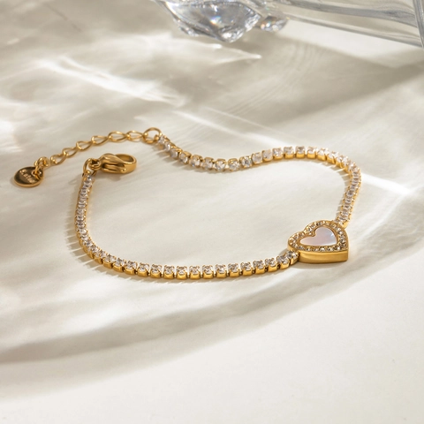Vintage Luxuriös Herz Edelstahl Tennis-Armband Für Damen Gold Galvanisiert Strass Eingelegte Weiß Muschel Charm Mode Schmuck