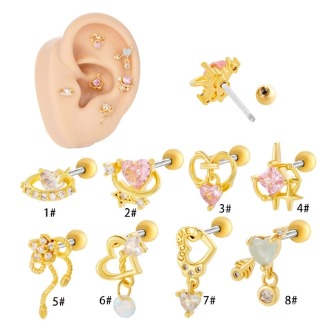 Zircon Heart Star Cartilage Stud Earrings With Stainless Steel Earring Post Copper Sweet Piercing Jewelry For Women