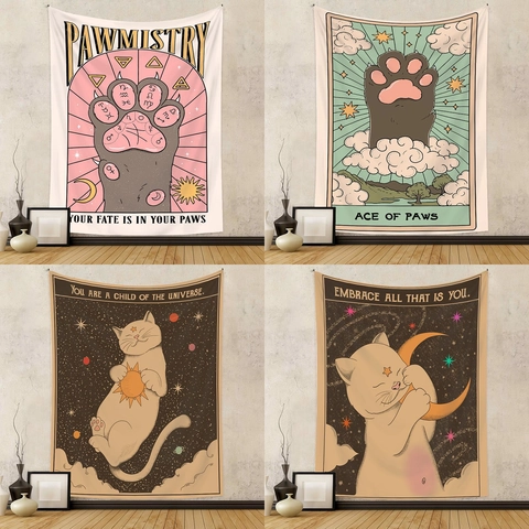 Arazzo Da Parete Gatto Tessuto Poliestere Retro Tarot Astrologia Stella Luna Motivo Per Arredamento Camera E Soggiorno