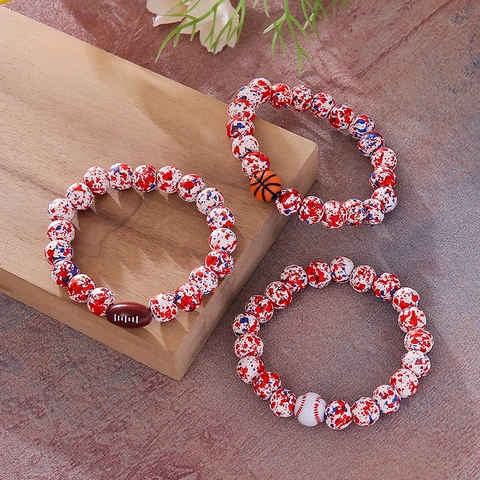 Sports Theme Wooden Beaded Bracelet Red White Blue Splatter Pattern Football Baseball Basketball Charm Unisex Jewelry