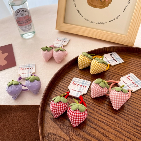 Kids Strawberry Hair Ties Fabric Plaid Handmade Fruit Elastic Ponytail Accessories For Girls