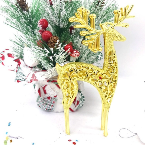 Christmas Reindeer Hanging Ornament Hollow Filigree Plastic Electroplated Deer Figurine Festive Tree Decoration