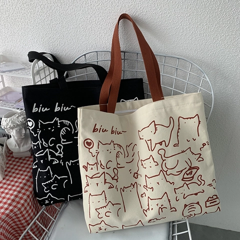 Canvas Tote Bag Hand Drawn Cartoon Cat Dog Illustration Large Capacity Artistic Vintage Zipper Casual For Women Girls