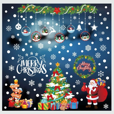 Weihnachten Fensteraufkleber PVC Statisch Haftende Decals Weihnachtsmann Weihnachtsbaum Schneeflocke Für Feiertag Wand Deko