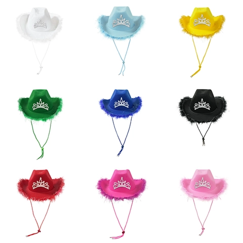 Western Cowboy Hat Polyester Felt Feather Trim Rhinestone Crown Party Costume Accessory Adjustable Strap For Women