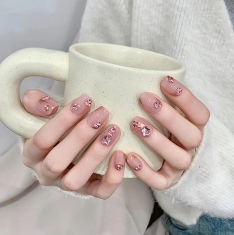 Handgefertigte Pink Blush Press-on Nägel Kurzes Sarg-Design Strass Stern Glitzer Dekorative Nagelkunst Patch Für Damen