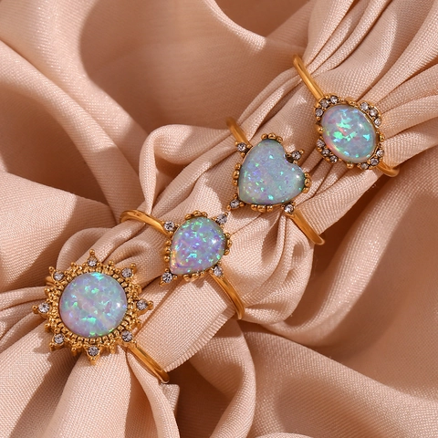 Stainless Steel Adjustable Rings For Women Gold Plated Synthetic Opal Heart Sun Waterdrop Open Ring Rhinestone Jewelry