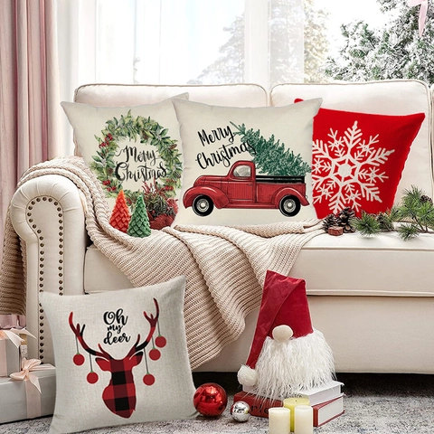 Housse De Coussin De Noël Lin Plaid Renne Flocon De Neige Camion Rouge Carré Pour Canapé Maison Fête Décoration