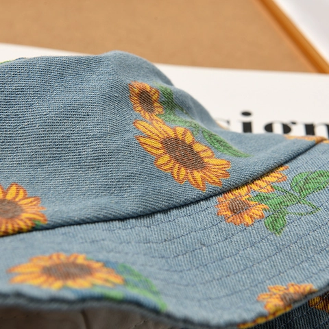 Kids Sunflower Print Denim Bucket Hat Cotton Sun Protection Summer Fisherman Cap Casual Outdoor Beach Hat For Boys Girls