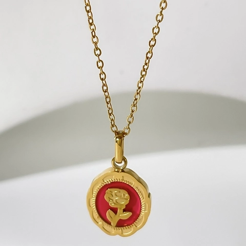 Minimalist Stainless Steel Heart Flower Rose Drip Oil Enamel Pendant Necklace 18K Gold Plated Waterproof Fashion Jewelry For Women