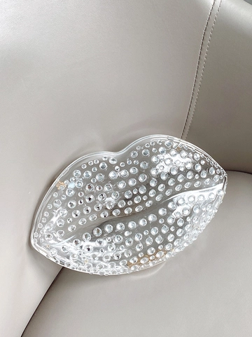 Lip Shaped Evening Bag Rhinestone Acrylic Hard Shell Party Clutch Handbag For Women With Detachable Chain Strap